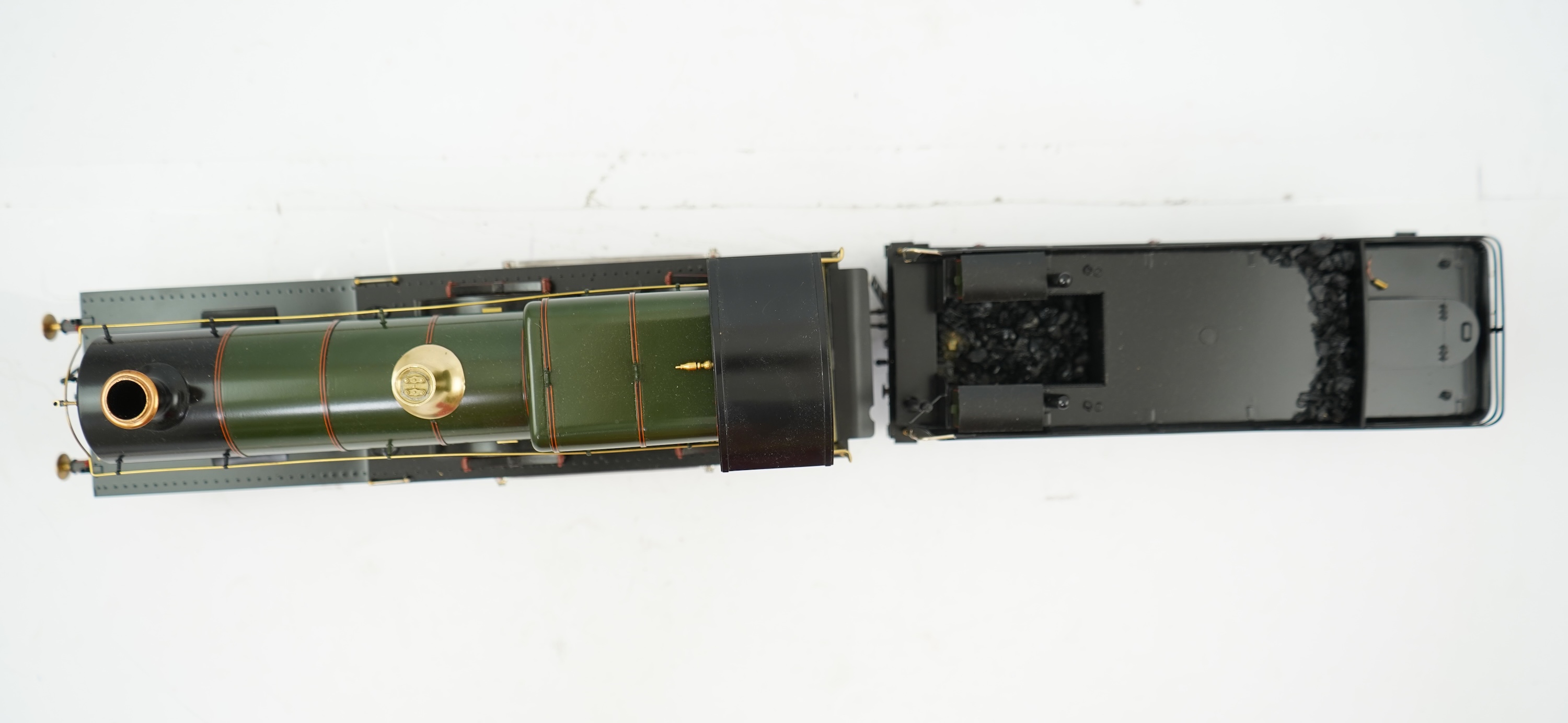 A Gauge One model of GWR Atbara Class, Atbara 3373, 4-4-0 tender locomotive, the model is unpowered, allowing for detailed valve gear and cylinders between the frames.